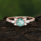 Round Cut Moss Agate Cluster Engagement Ring Six Prong Setting